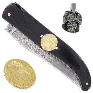 Couteau Laguiole Prestige Createur 1 Piece 15 Cm Incrustation Monnaie 20 Francs Napoleon Or Plein Manche Ebene Lame Damas Mouche Prestige Aigle Imperial Piece Unique 00