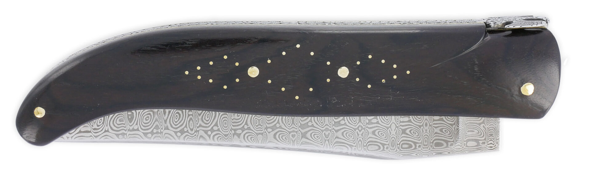 Couteau Laguiole Prestige Createur 1 Piece 15 Cm Incrustation Monnaie 20 Francs Napoleon Or Plein Manche Ebene Lame Damas Mouche Prestige Aigle Imperial Piece Unique 01