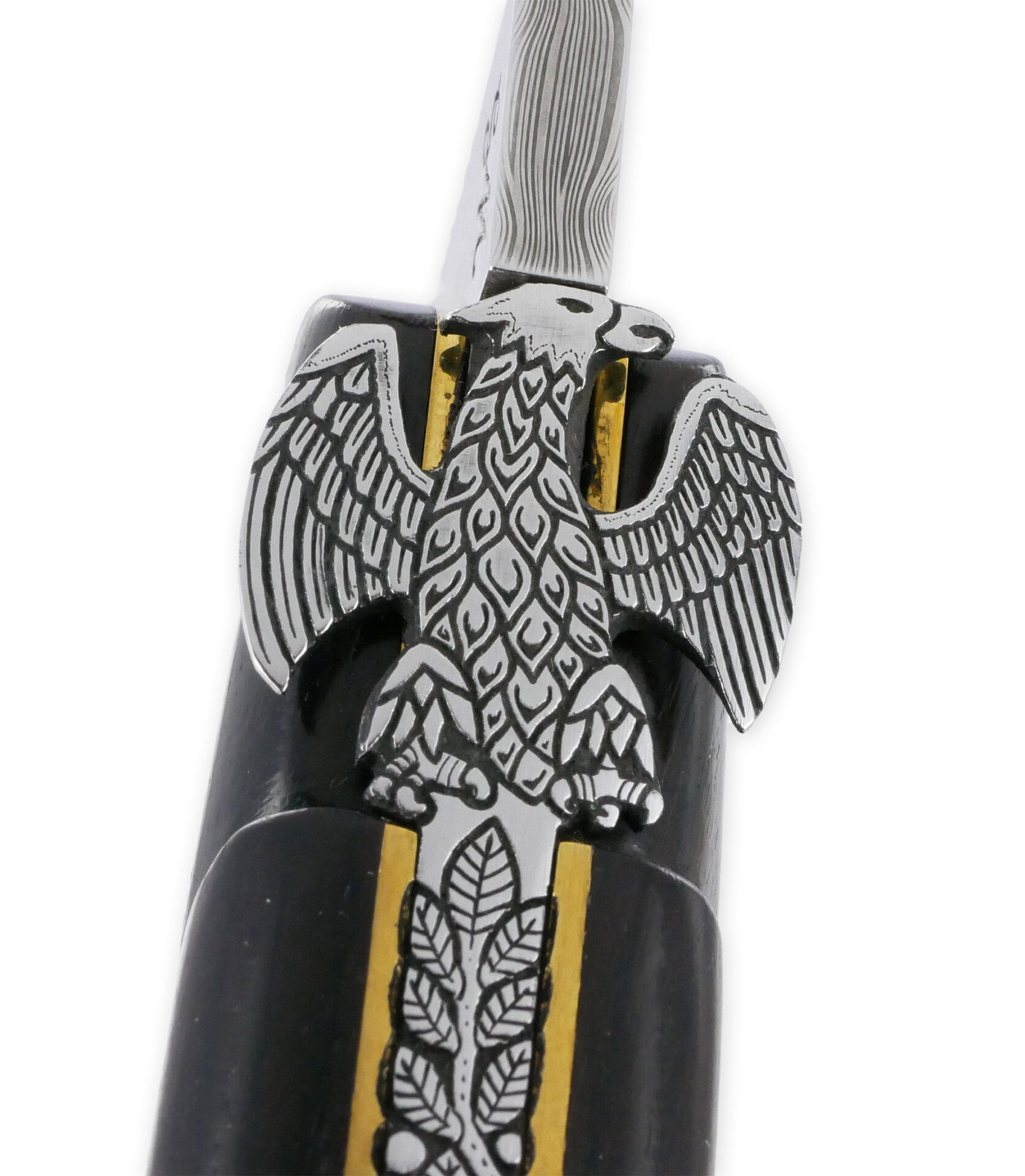 Couteau Laguiole Prestige Createur 1 Piece 15 Cm Incrustation Monnaie 20 Francs Napoleon Or Plein Manche Ebene Lame Damas Mouche Prestige Aigle Imperial Piece Unique 02