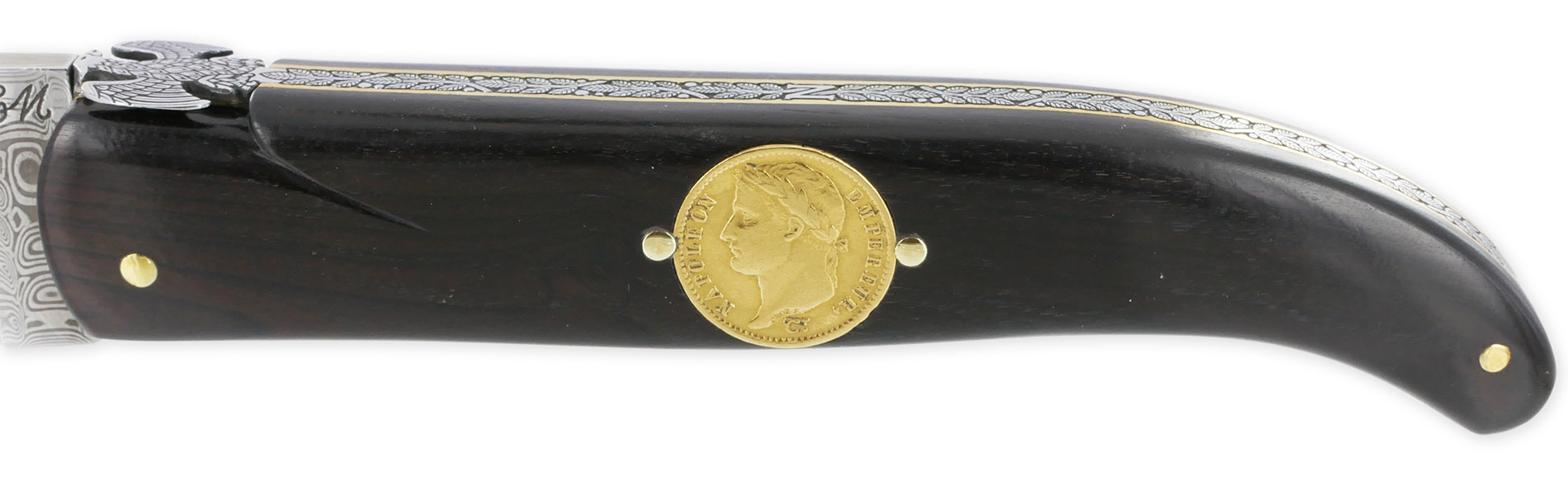 Couteau Laguiole Prestige Createur 1 Piece 15 Cm Incrustation Monnaie 20 Francs Napoleon Or Plein Manche Ebene Lame Damas Mouche Prestige Aigle Imperial Piece Unique 04