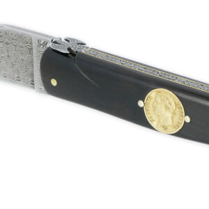 Couteau Laguiole Prestige Createur 1 Piece 15 Cm Incrustation Monnaie 20 Francs Napoleon Or Plein Manche Ebene Lame Damas Mouche Prestige Aigle Imperial Piece Unique 05