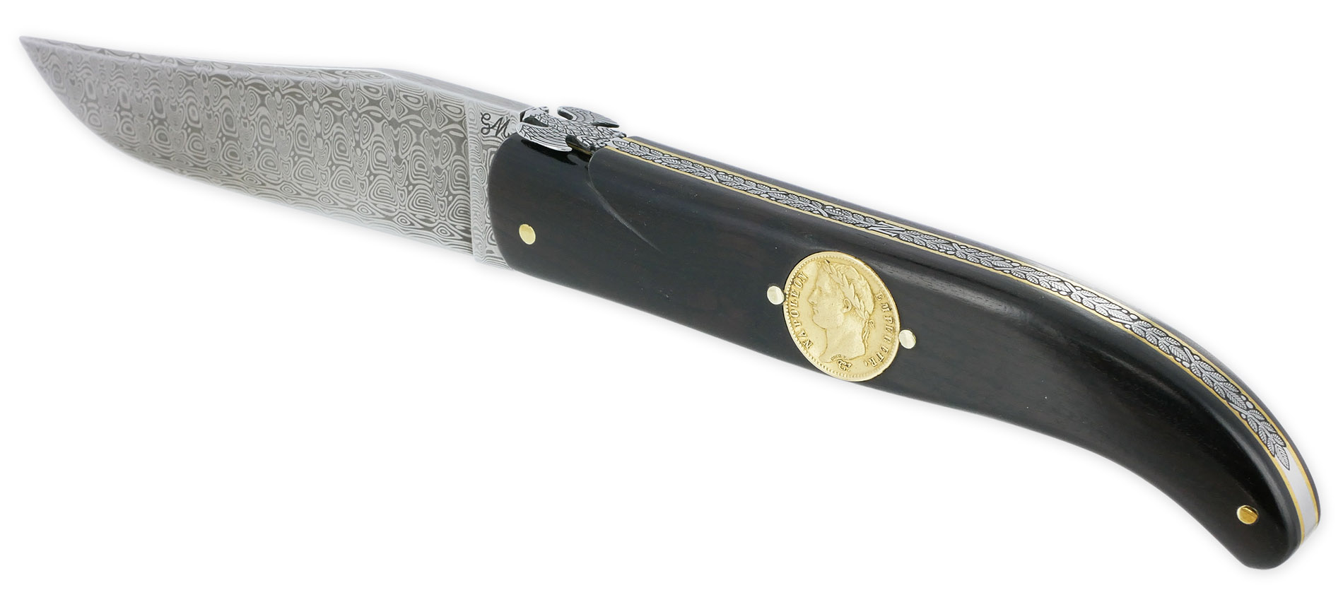 Couteau Laguiole Prestige Createur 1 Piece 15 Cm Incrustation Monnaie 20 Francs Napoleon Or Plein Manche Ebene Lame Damas Mouche Prestige Aigle Imperial Piece Unique 05