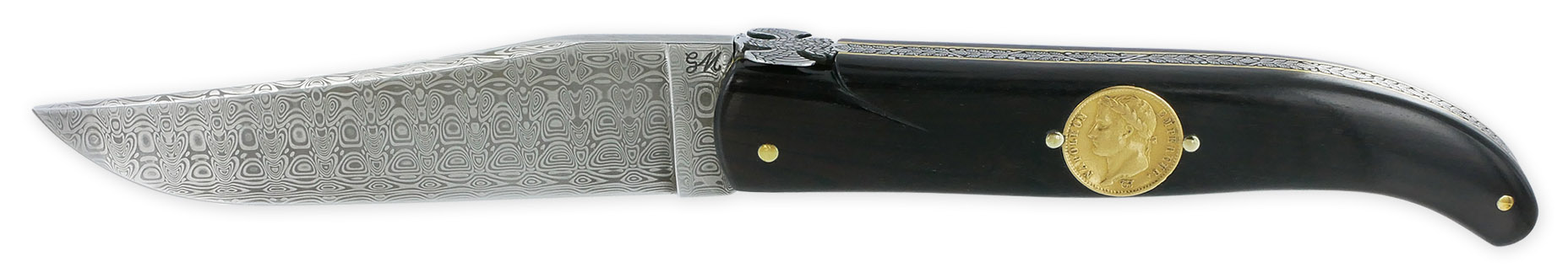 Couteau Laguiole Prestige Createur 1 Piece 15 Cm Incrustation Monnaie 20 Francs Napoleon Or Plein Manche Ebene Lame Damas Mouche Prestige Aigle Imperial Piece Unique 06
