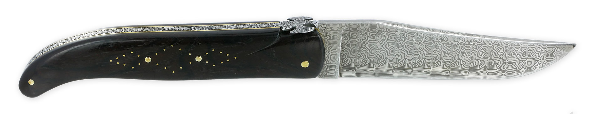 Couteau Laguiole Prestige Createur 1 Piece 15 Cm Incrustation Monnaie 20 Francs Napoleon Or Plein Manche Ebene Lame Damas Mouche Prestige Aigle Imperial Piece Unique 07