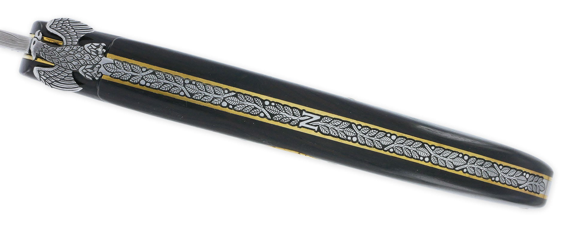 Couteau Laguiole Prestige Createur 1 Piece 15 Cm Incrustation Monnaie 20 Francs Napoleon Or Plein Manche Ebene Lame Damas Mouche Prestige Aigle Imperial Piece Unique 08