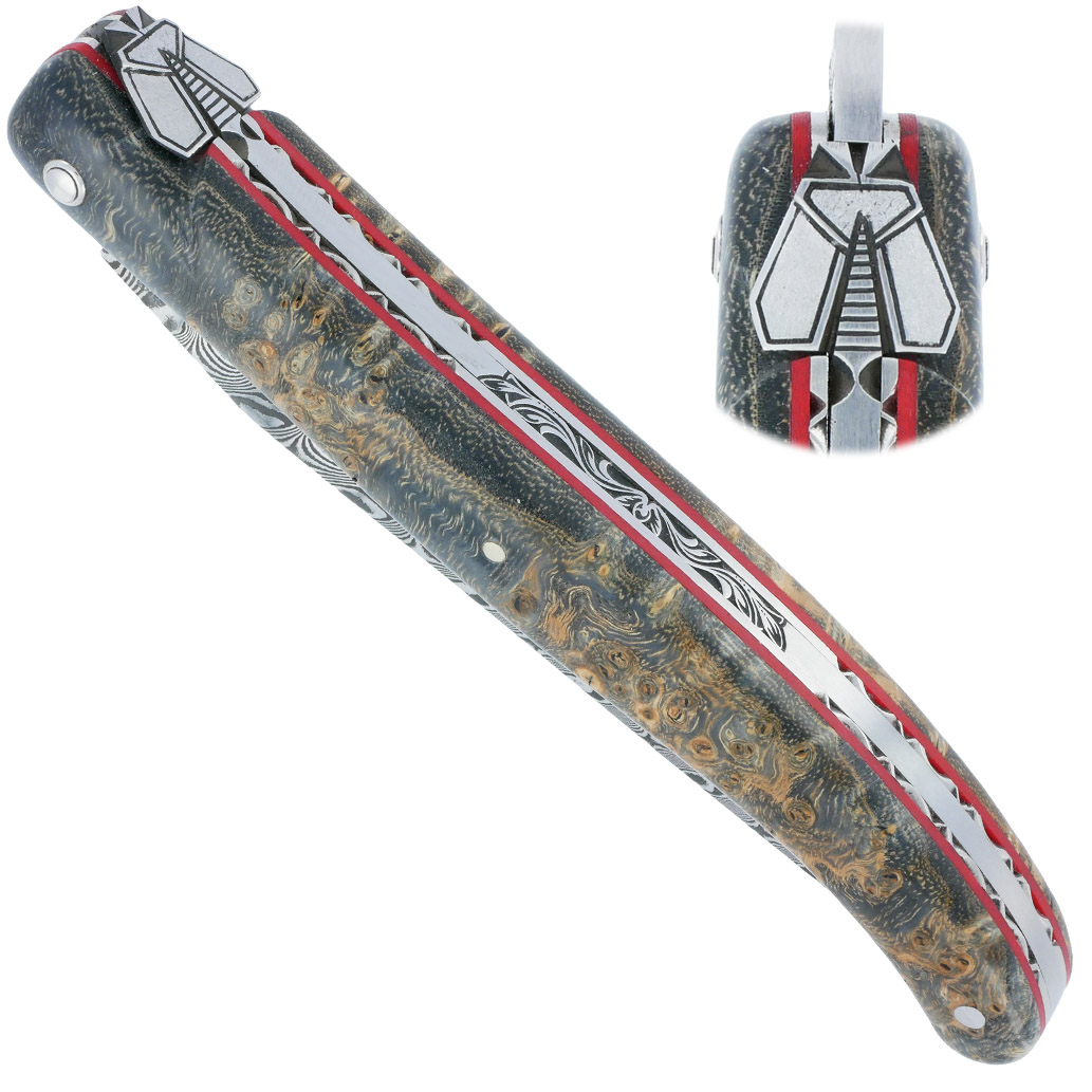 Couteau Prestige Laguiole En Aubrac 1 Piece 12 Cm Plein Manche En Loupe De Platane Gris Ressorts Et Platines Guillochees A La Main Entretoises Rouge Mouche Stylisee Lame Damas 00