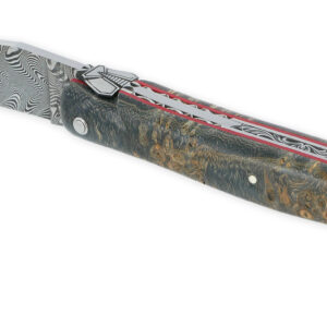 Couteau Prestige Laguiole En Aubrac 1 Piece 12 Cm Plein Manche En Loupe De Platane Gris Ressorts Et Platines Guillochees A La Main Entretoises Rouge Mouche Stylisee Lame Damas 05