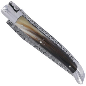 Laguiole En Aubrac Knife 1 Piece 12cm 2 Shiny Stainless Steel Bolsters Horn Tip Handle Spiral Spring Double Plates And Damascus Blade