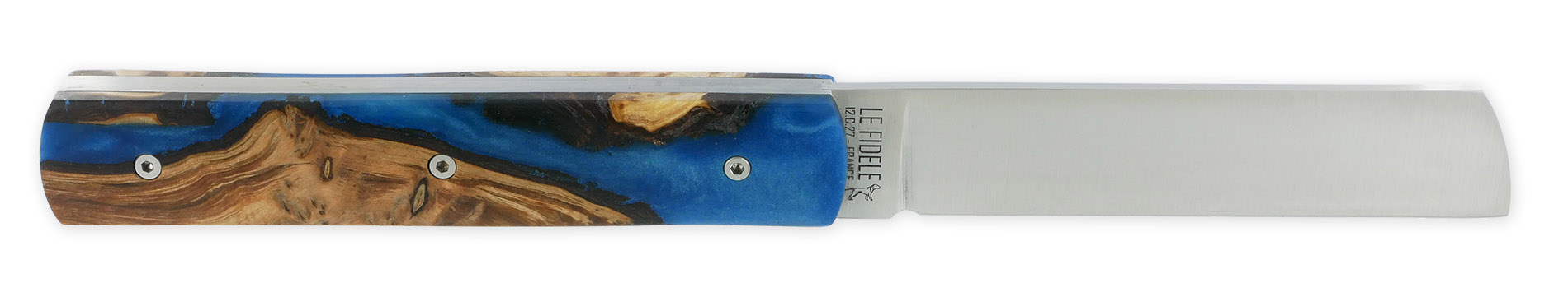Le 2020 Couteau Pliant Plein Manche Genevrier Stabilise Teinte Bleu 11cm Ressort Lisse Personnalisable 02