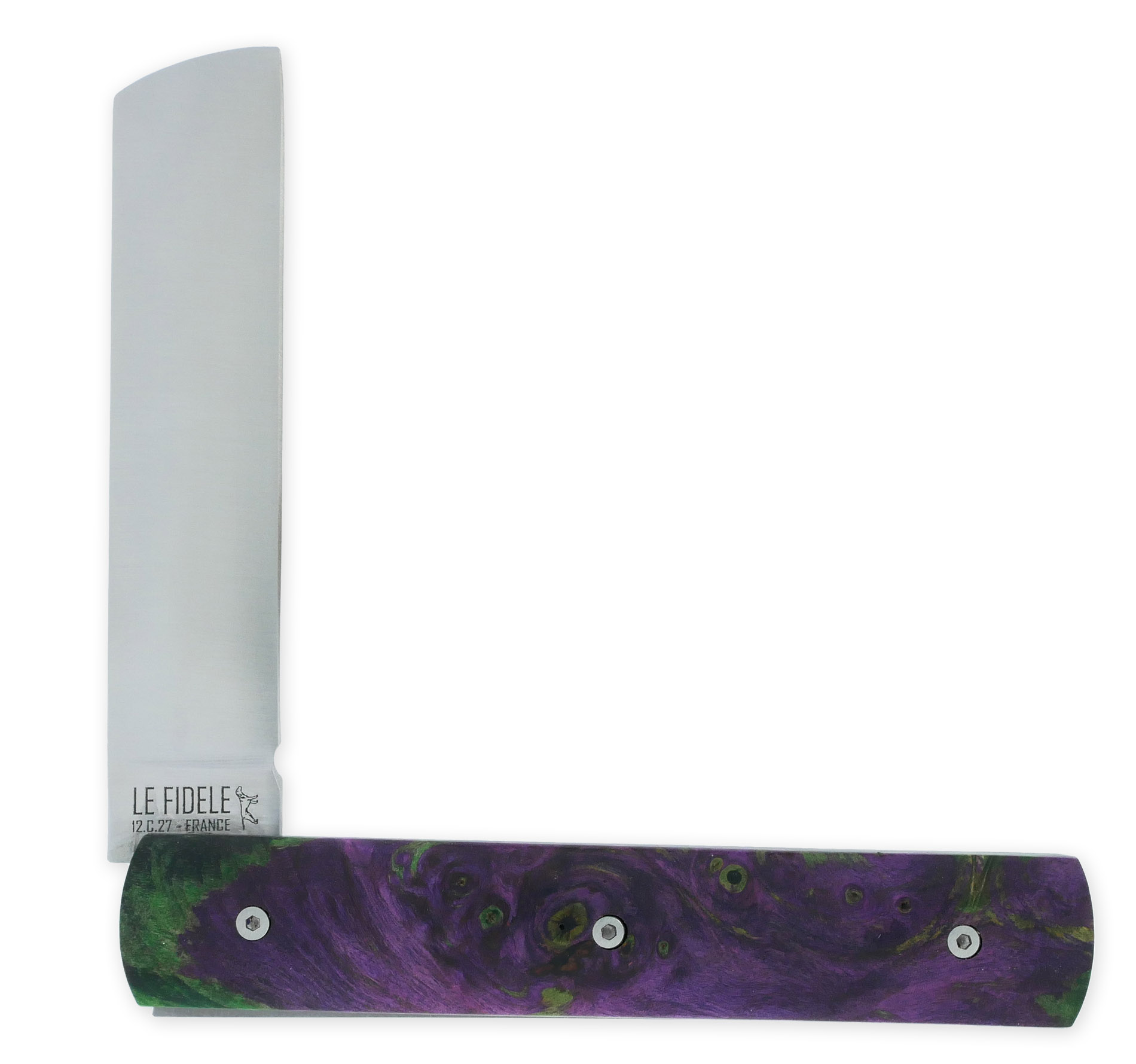 Le 2020 Couteau Pliant Plein Manche Loupe De Peuplier Stabilise Teinte Vert Et Mauve 11cm Ressort Lisse Personnalisable 01